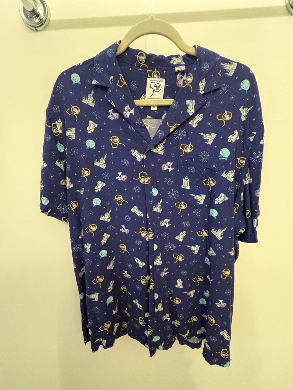 Disney Navy Blue Short Sleeve Button-Down Shirt with Multicolor 50th Print